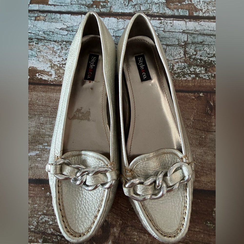 Style & Co. Women's Metallic Silver Loafers with Chain Detail Leather Upper